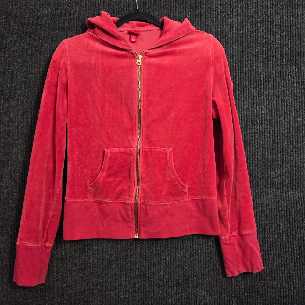 Vintage Mossimo Velour Full Zip Hoodie Jacket Pink Red Y2K Arm Pocket Women XL
